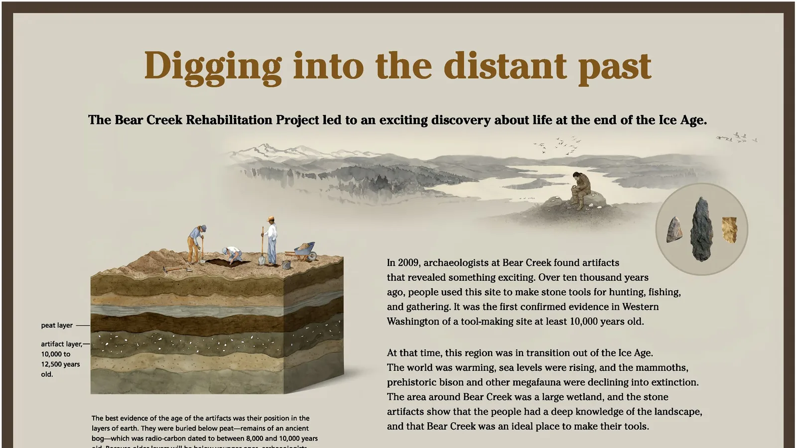 An archaeology dig with string grids over an excavation, and a large block of earth left in the center.