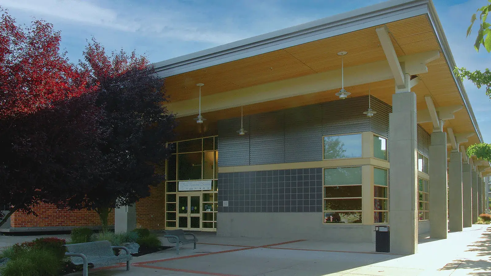 Redmond Library, a modern building with a glass front and a covered walkway.
